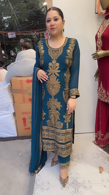 Rasbhari Teal Blue Handwork Pakistani Suit