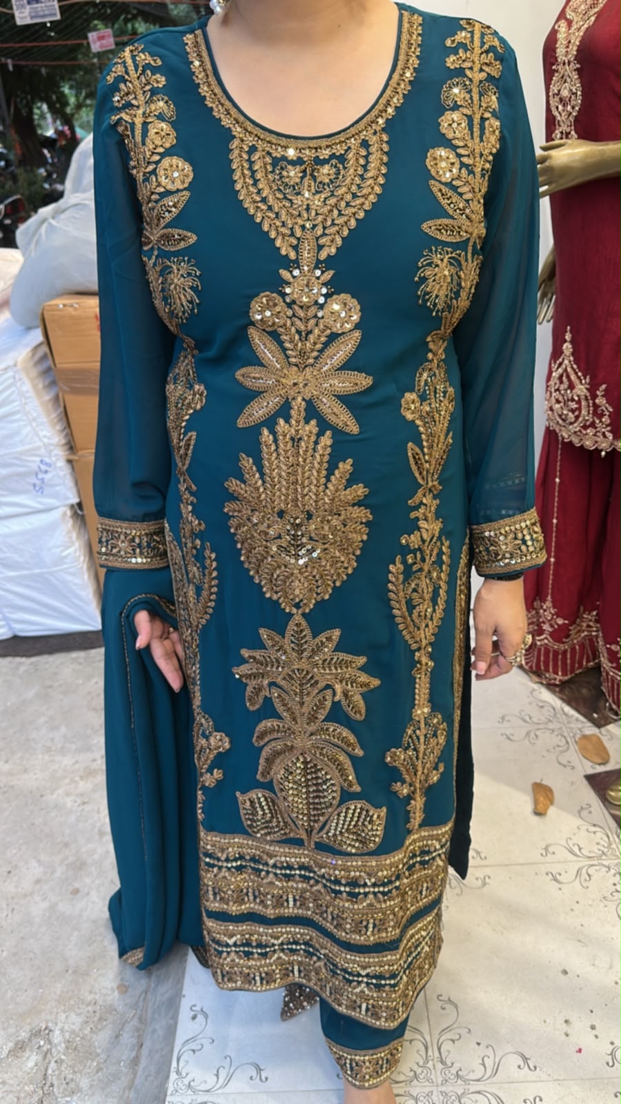 Rasbhari Teal Blue Handwork Pakistani Suit