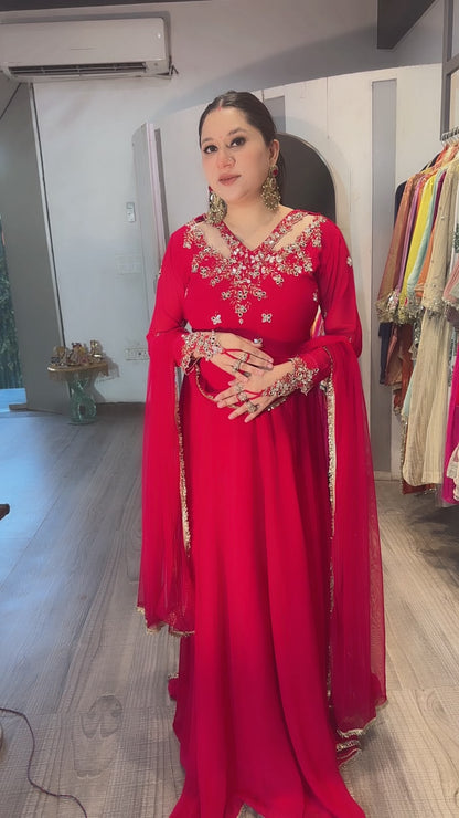 Enayat Coral Red Handwork Designer Anarkali Suit