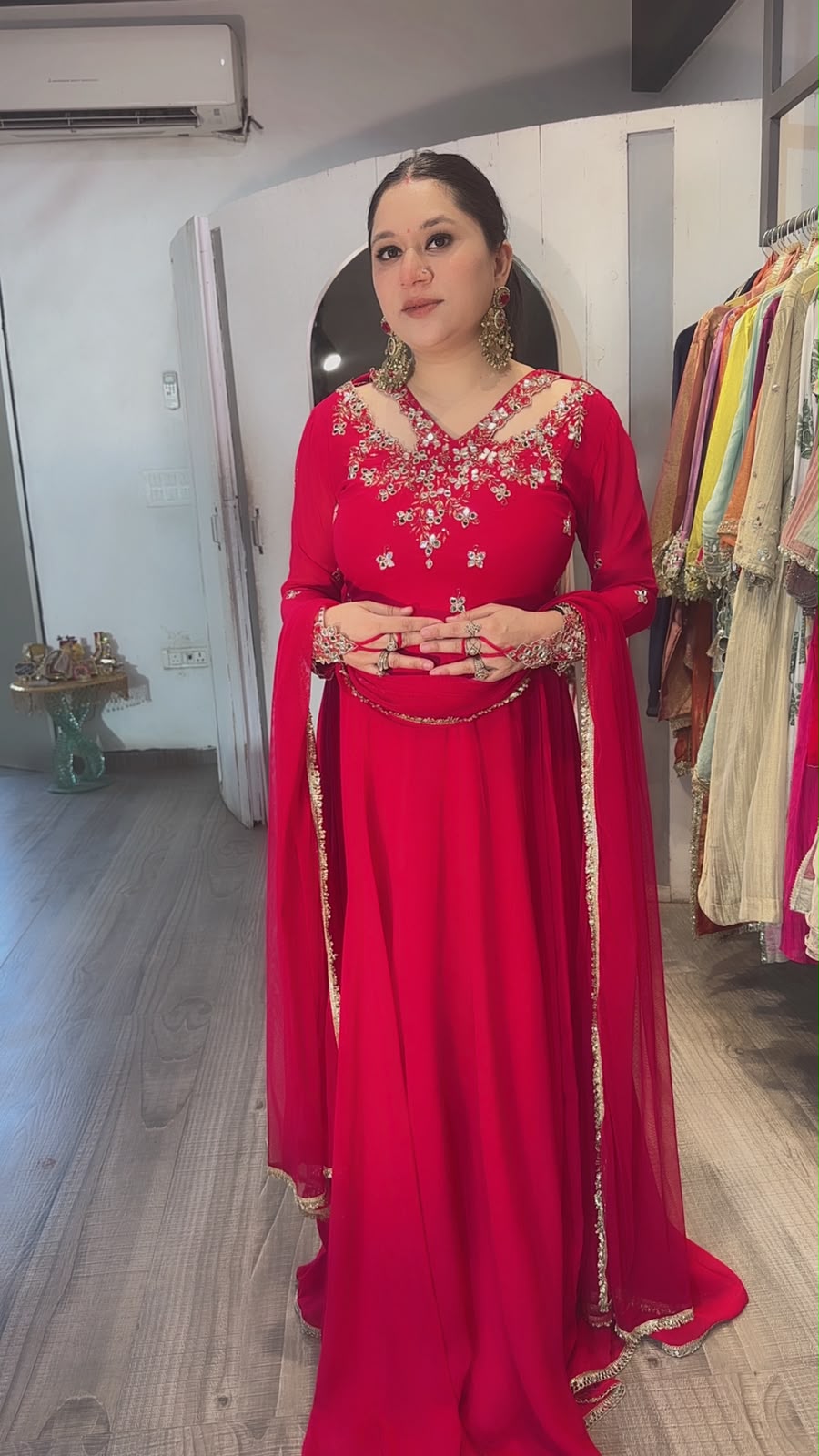 Enayat Coral Red Handwork Designer Anarkali Suit