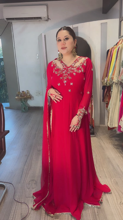 Enayat Coral Red Handwork Designer Anarkali Suit
