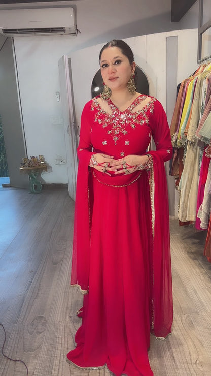 Enayat Coral Red Handwork Designer Anarkali Suit