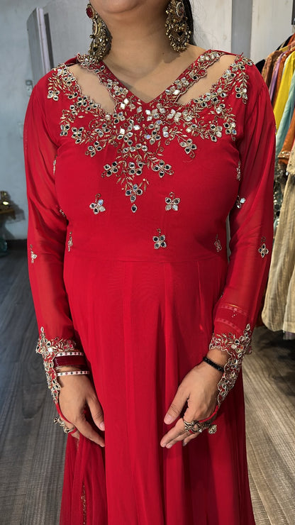 Enayat Coral Red Handwork Designer Anarkali Suit