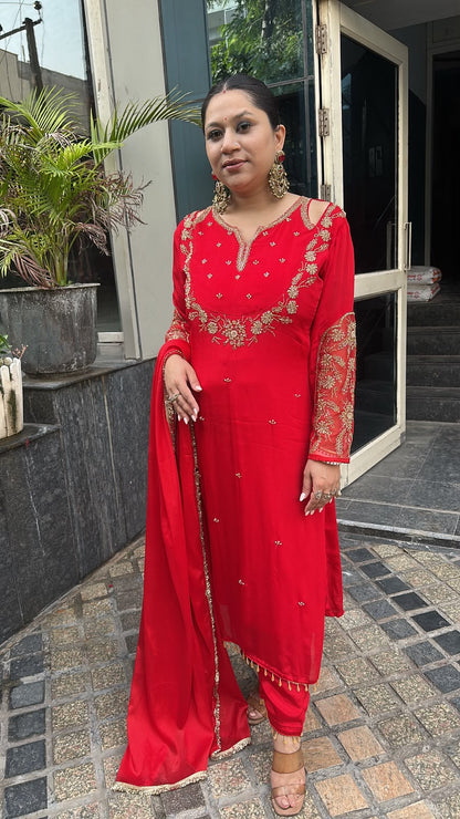 Chunari karwa Red Handwork Designer Suit