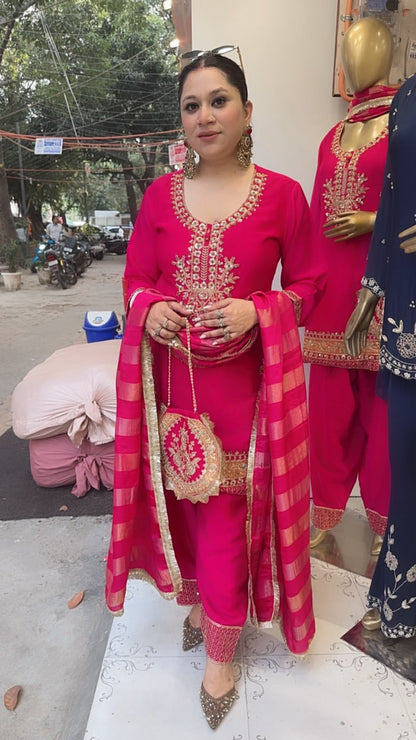 Biwi Foshia pink Embroidered Designer Suit with potli