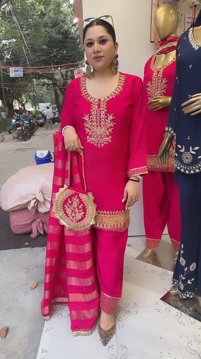 Biwi Foshia pink Embroidered Designer Suit with potli