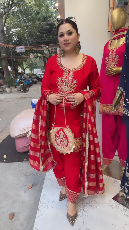 Biwi Red Embroidered Designer Suit with potli