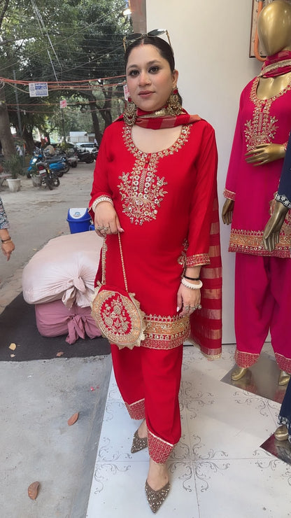 Biwi Red Embroidered Designer Suit with potli
