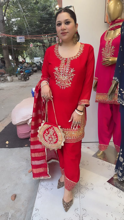Biwi Red Embroidered Designer Suit with potli