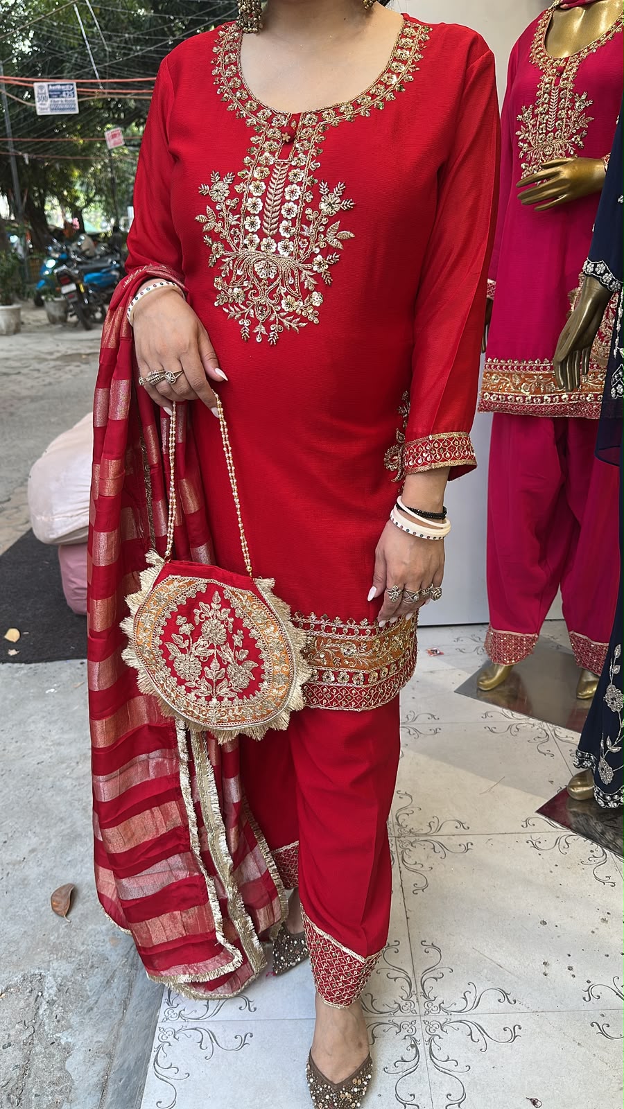 Biwi Red Embroidered Designer Suit with potli
