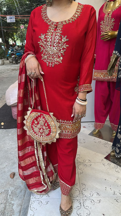 Biwi Red Embroidered Designer Suit with potli