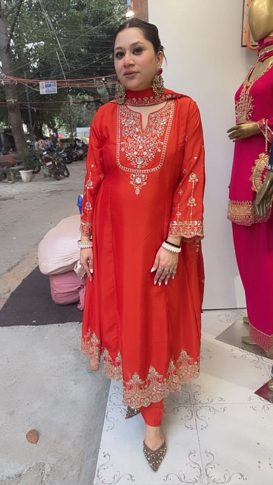 Zaraani Rust Embroidered Designer Anarkali Suit
