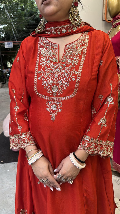 Zaraani Rust Embroidered Designer Anarkali Suit