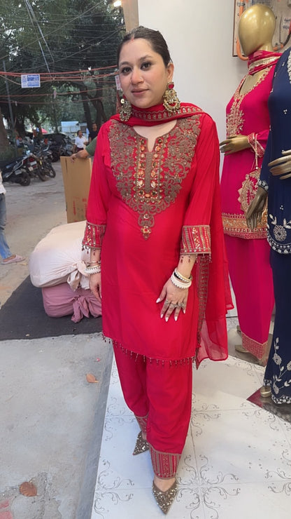 Gulnaz Red  Embroidered Designer Farshi Suit