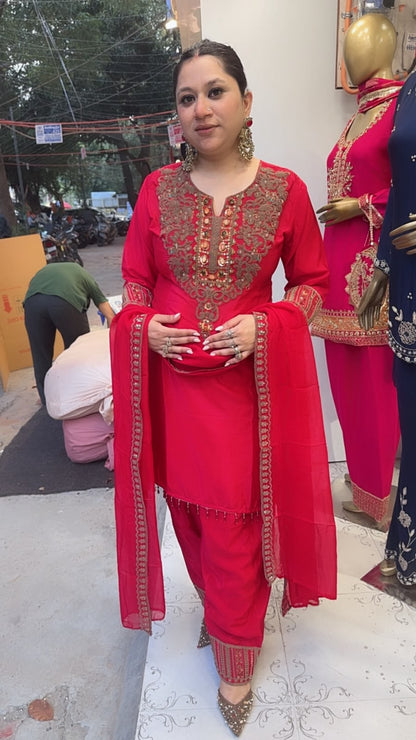 Gulnaz Red  Embroidered Designer Farshi Suit