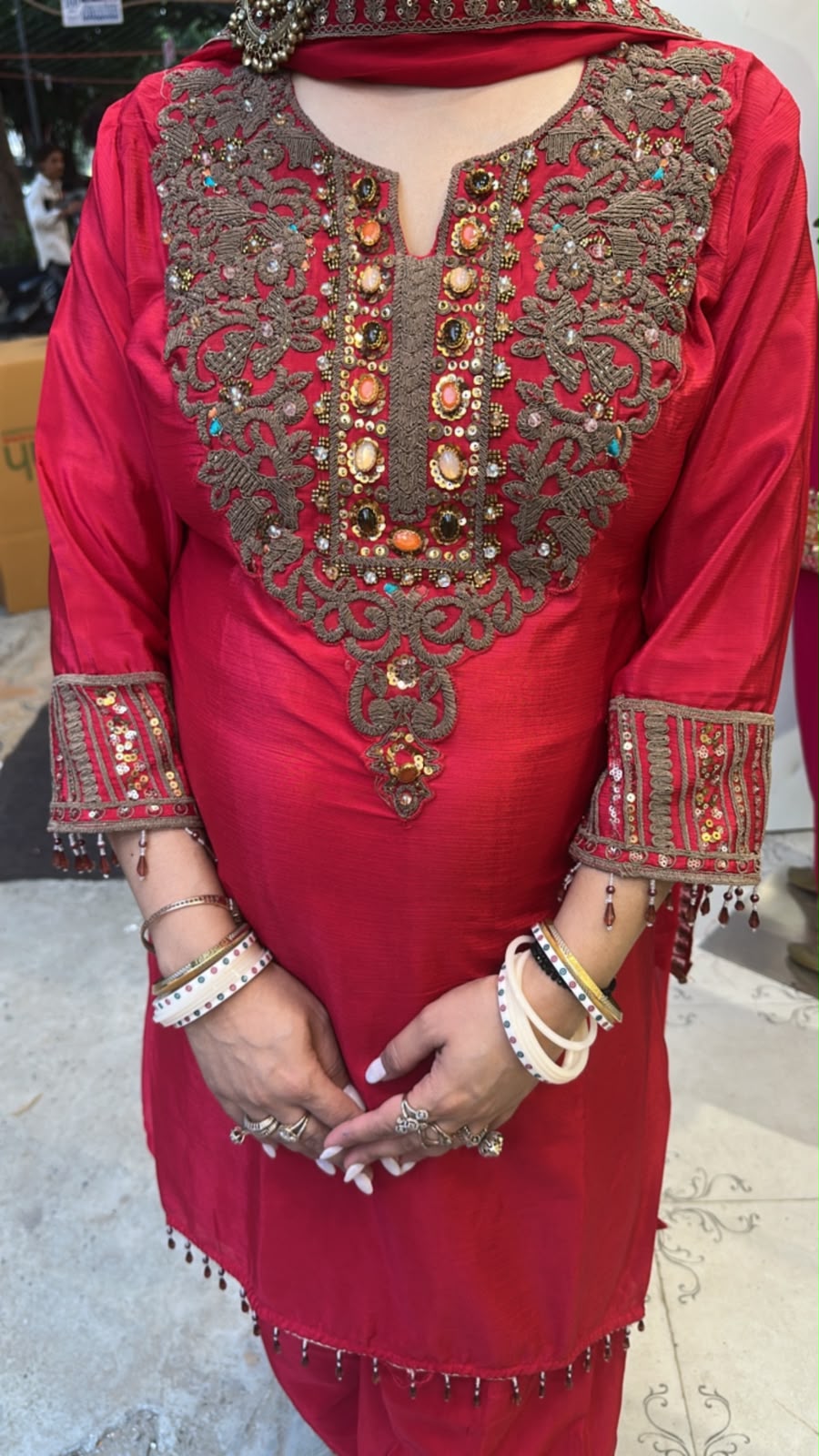Gulnaz Red  Embroidered Designer Farshi Suit