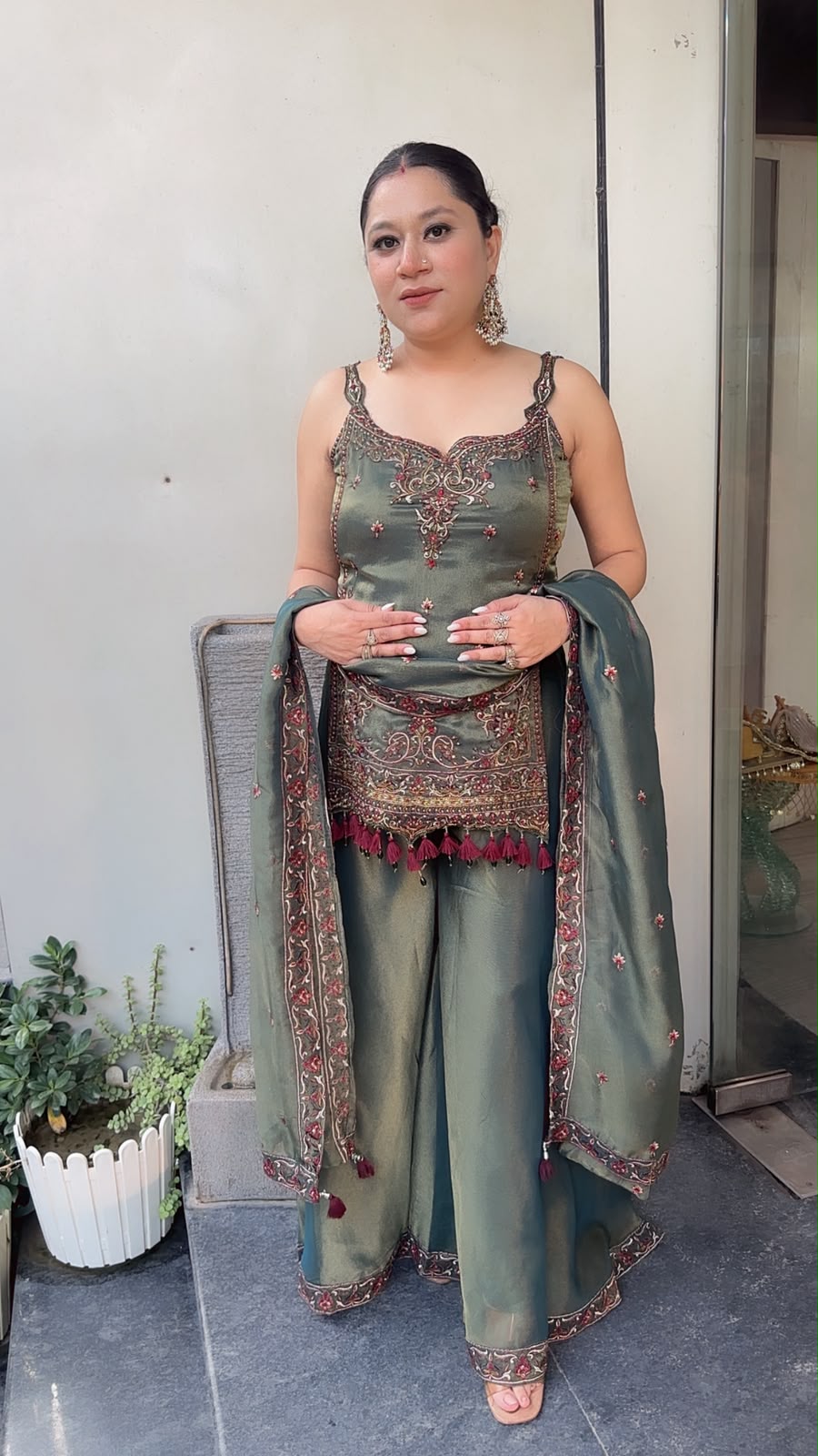 Apsara Olive Green  Handwork Tassel Designer Plazoo Set