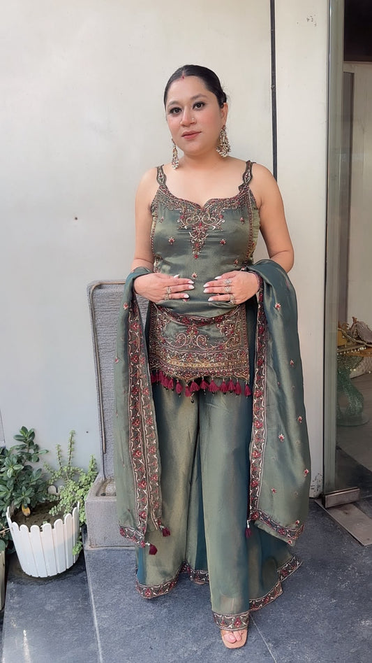 Apsara Olive Green  Handwork Tassel Designer Plazoo Set