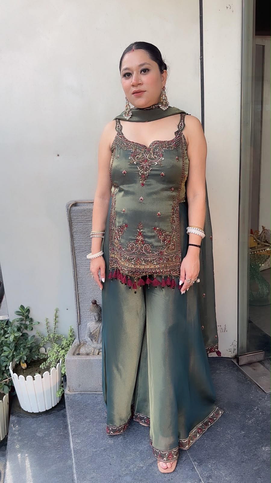 Apsara Olive Green  Handwork Tassel Designer Plazoo Set