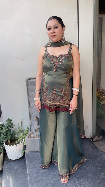 Apsara Olive Green  Handwork Tassel Designer Plazoo Set
