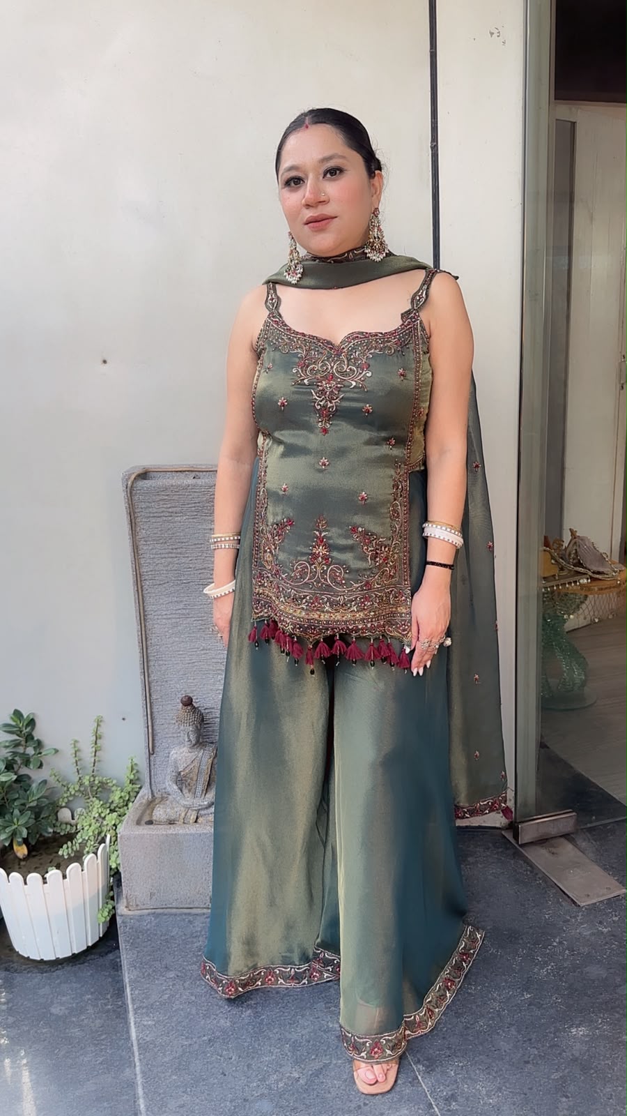 Apsara Olive Green  Handwork Tassel Designer Plazoo Set