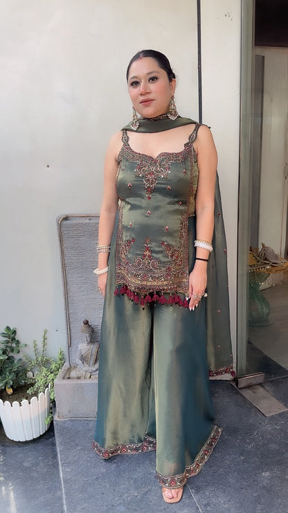 Apsara Olive Green  Handwork Tassel Designer Plazoo Set