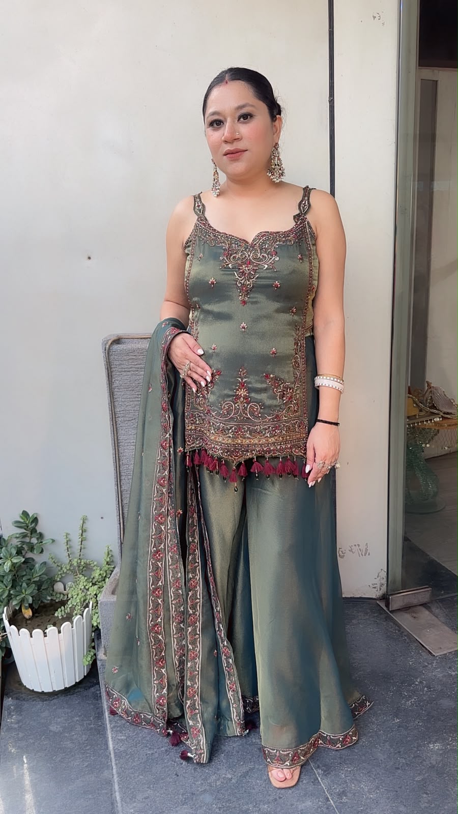 Apsara Olive Green  Handwork Tassel Designer Plazoo Set