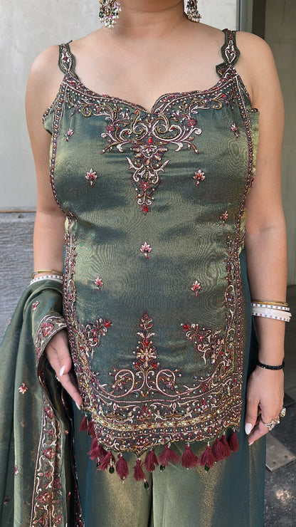 Apsara Olive Green  Handwork Tassel Designer Plazoo Set
