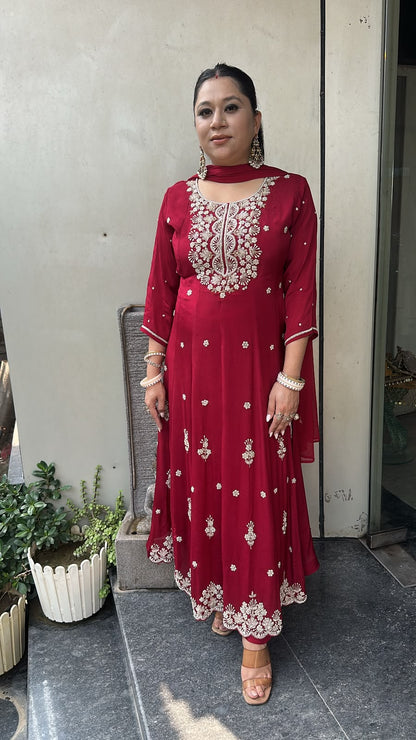 Gulaboo Red Karwa Handwork  Designer Anarkali suit