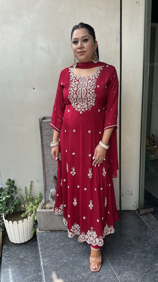 Gulaboo Red Karwa Handwork  Designer Anarkali suit