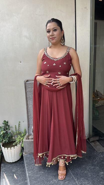 Bandhan Brown Designer Anarkali Suit (Sleeves fabric Attached)
