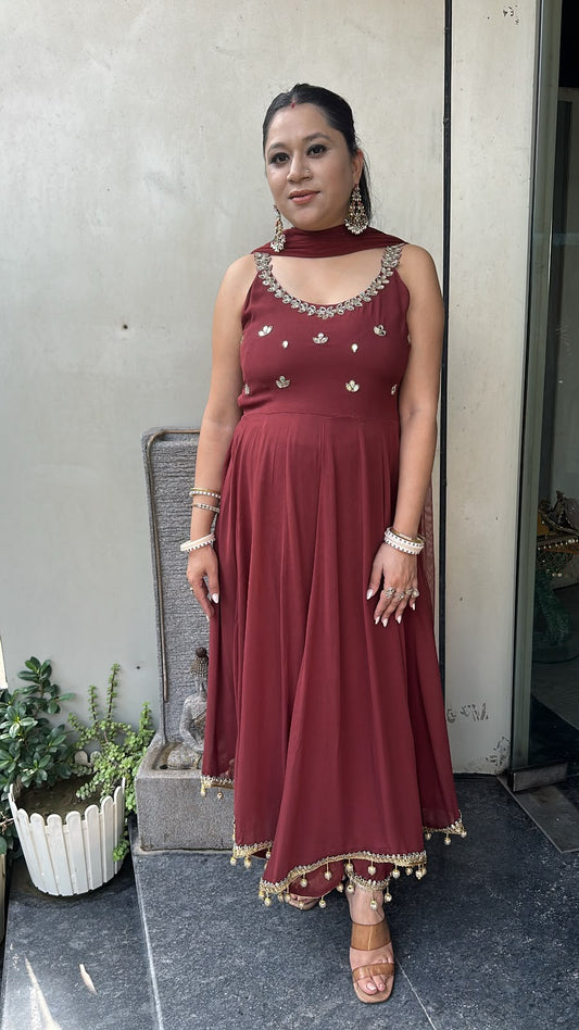 Bandhan Brown Designer Anarkali Suit (Sleeves fabric Attached)