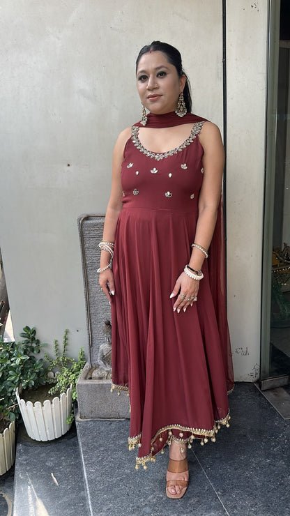 Bandhan Brown Designer Anarkali Suit (Sleeves fabric Attached)