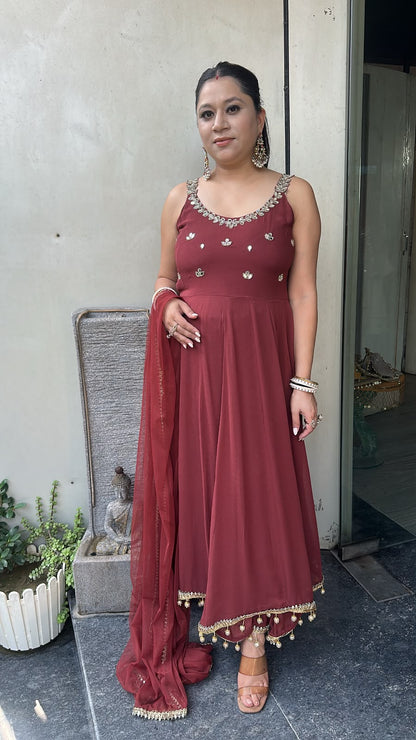 Bandhan Brown Designer Anarkali Suit (Sleeves fabric Attached)