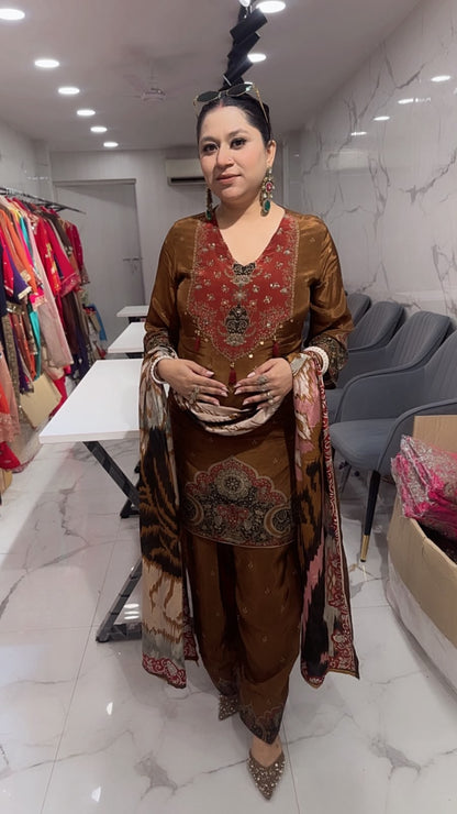 Durga Brown Digital print Designer Farshi Salwar Suit