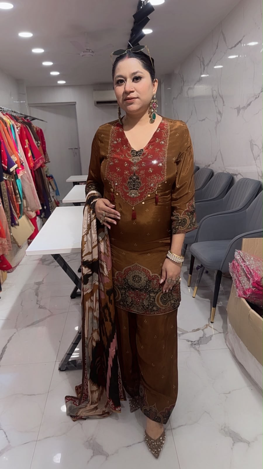 Durga Brown Digital print Designer Farshi Salwar Suit