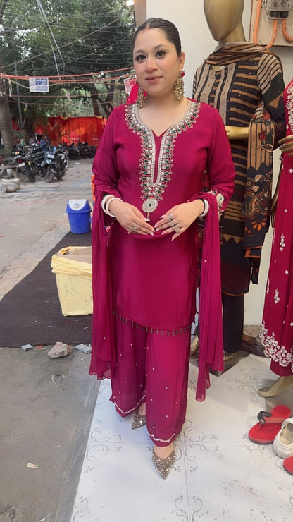 Crystal Mahroon Hand work Designer Suit