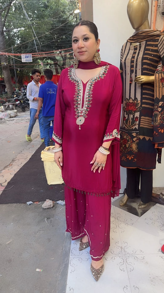 Crystal Mahroon Hand work Designer Suit