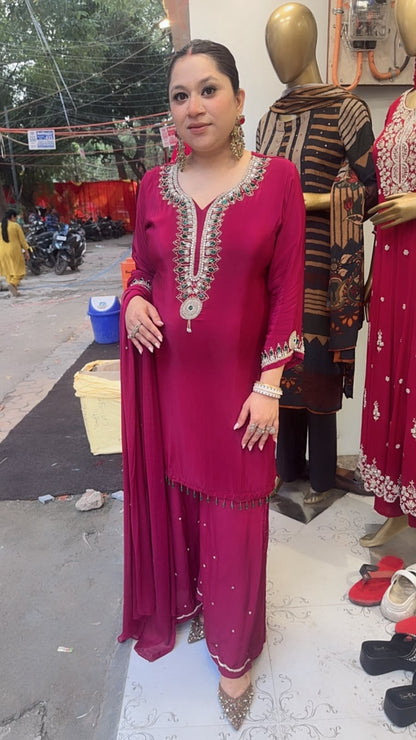 Crystal Mahroon Hand work Designer Suit