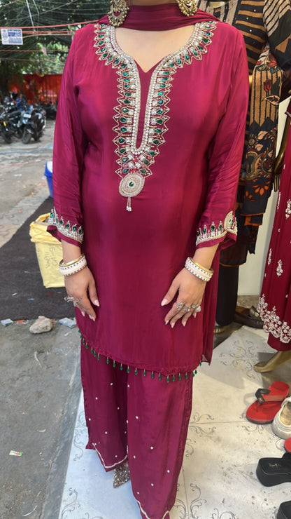 Crystal Mahroon Hand work Designer Suit