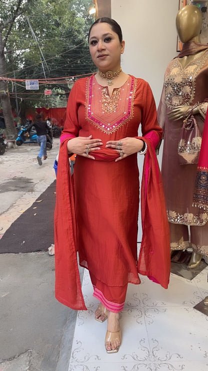 Khanna Rust Hand work Neck Designer Suit