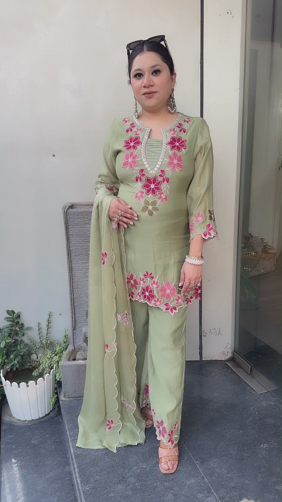 Lily pista Green Thread work Designer Suit