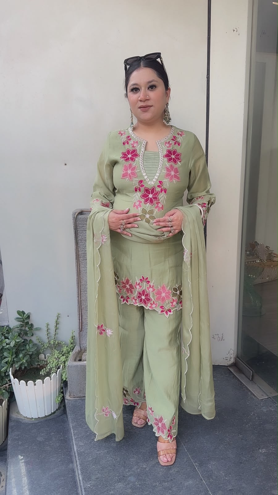 Lily pista Green Thread work Designer Suit