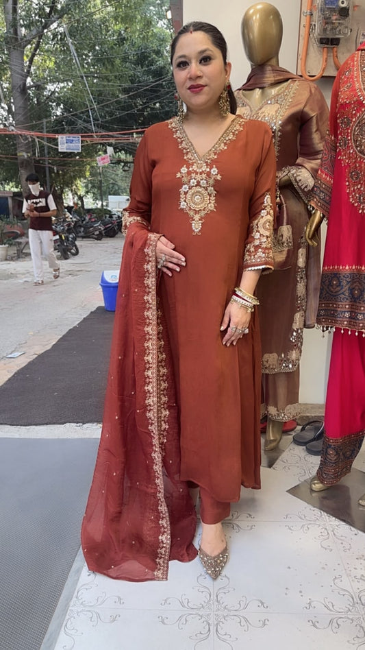 Zardozi Brown A-Line Designer Suit