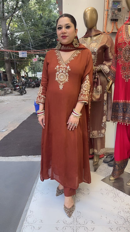 Zardozi Brown A-Line Designer Suit