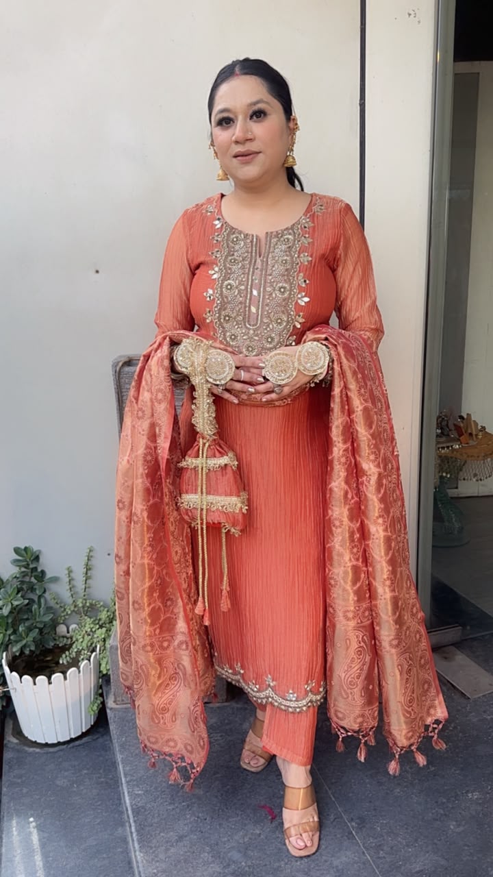 Kesariya Rust Karwa with potli Designer Suit