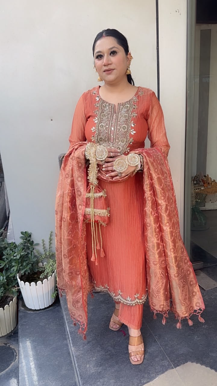 Kesariya Rust Karwa with potli Designer Suit