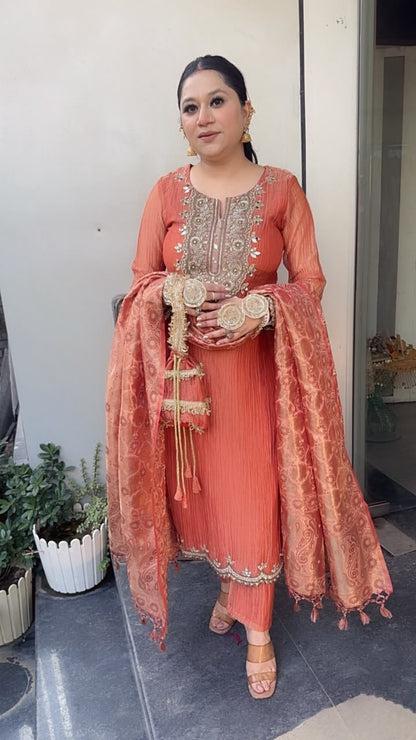 Kesariya Rust Karwa with potli Designer Suit