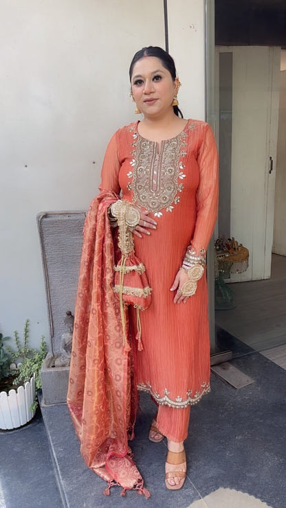 Kesariya Rust Karwa with potli Designer Suit