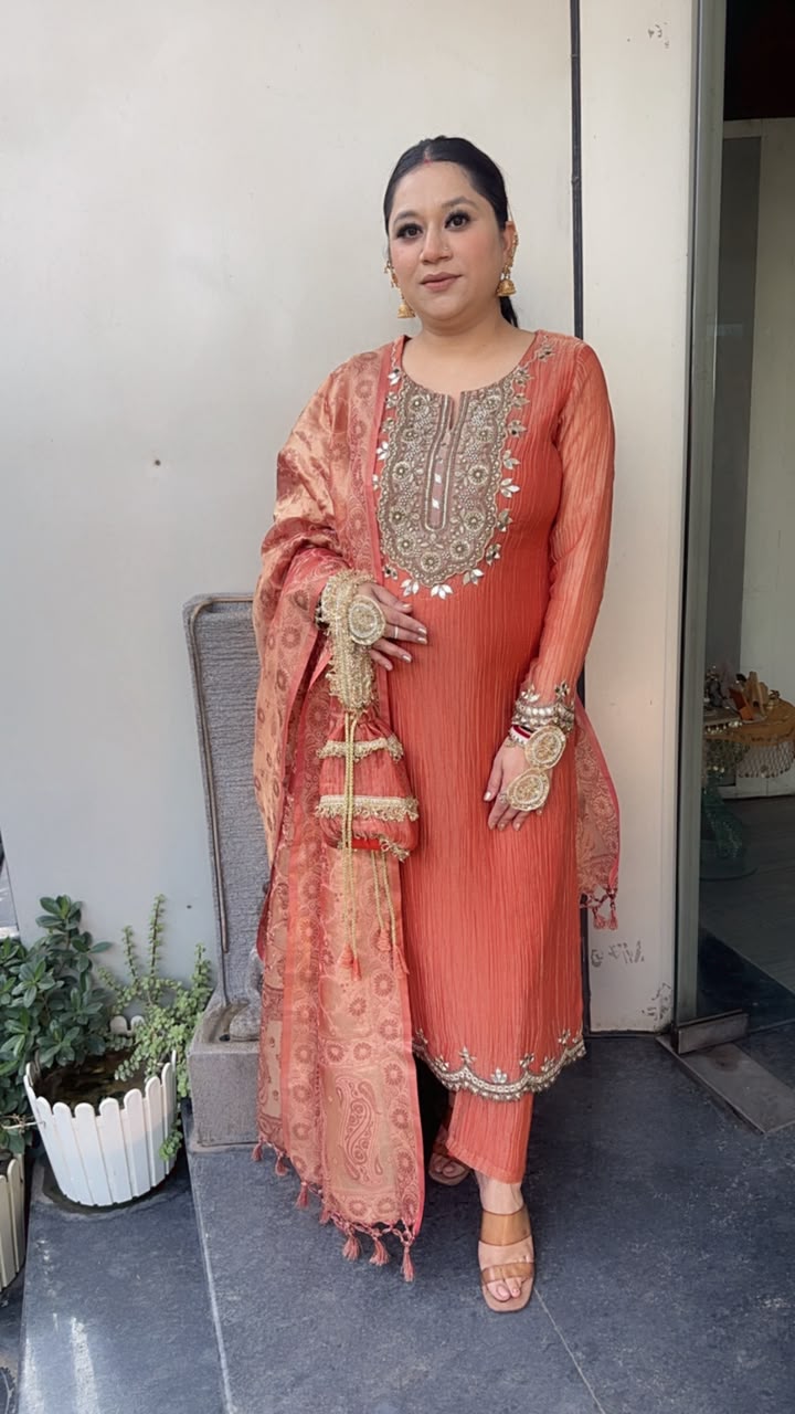 Kesariya Rust Karwa with potli Designer Suit